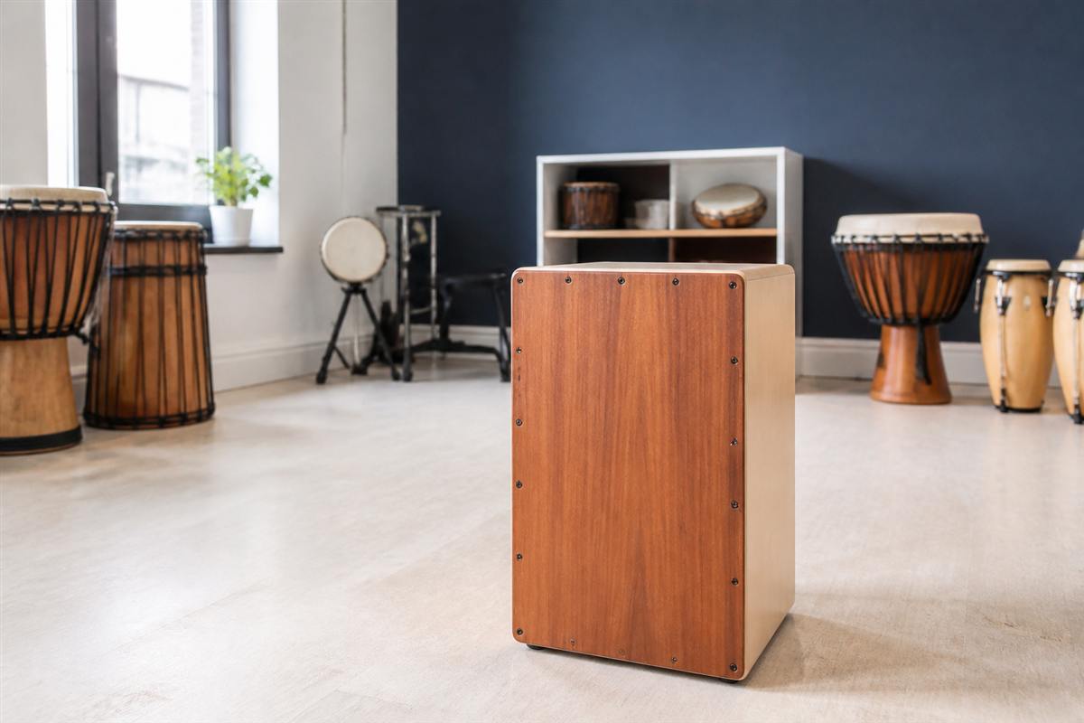 Wooden cajon in a sunlit percussion room