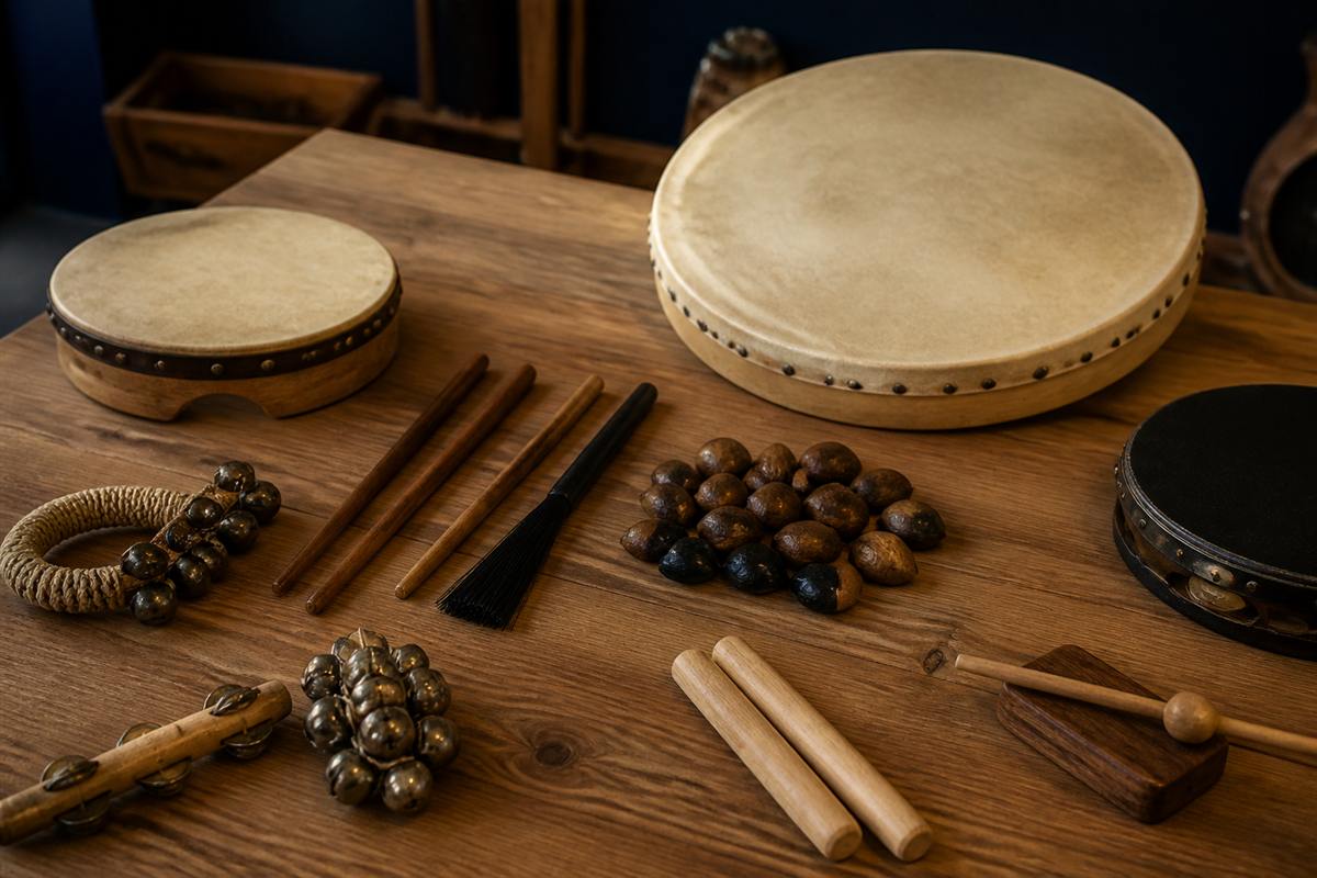 Frame drums and hand percussion on a practice table