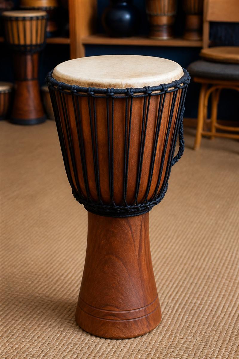 Rope-tuned djembe standing in the studio